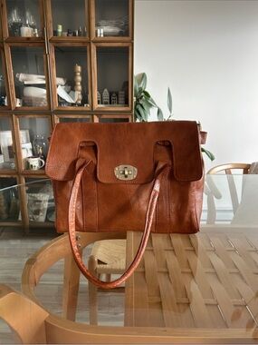 Cognac Brown Genuine Leather Satchel Tote Handbag